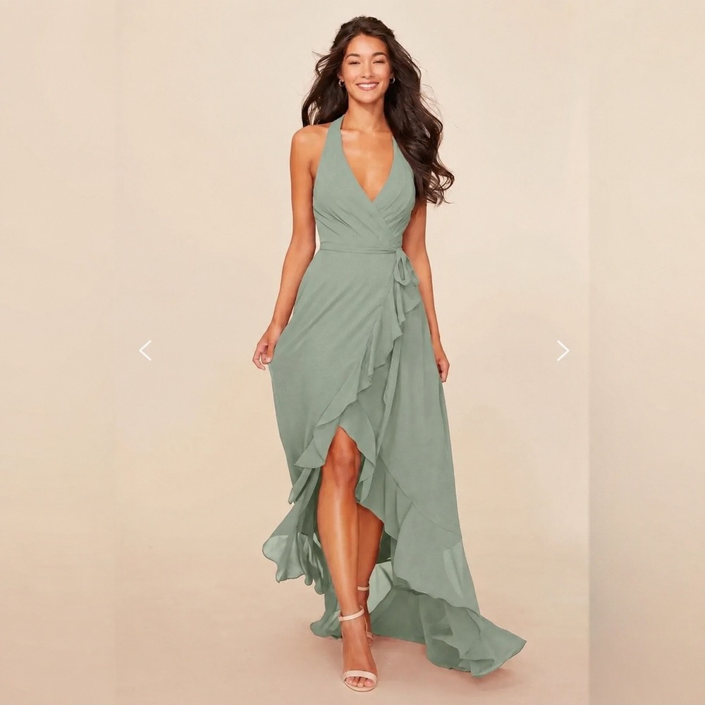 Dear Cleo Peyton Dress Size 4 Sage Green Halter Ruffle Wrap High Low Bridesmaid